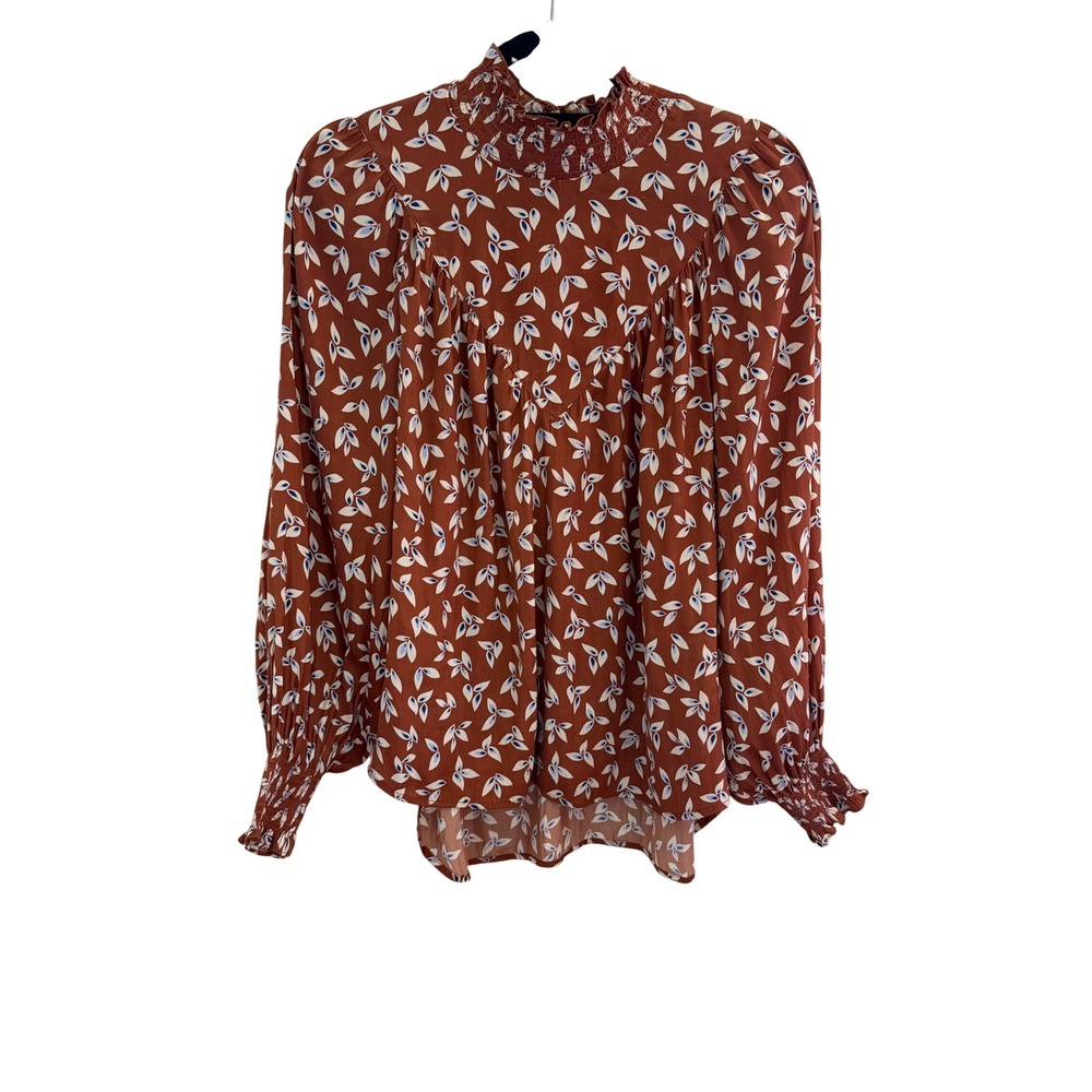 KappAhl Rust Brown Floral Leaf Smocked High Neck Blouse Size M Boho Keyhole